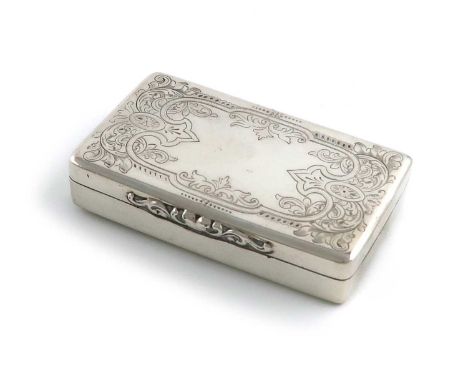 A Victorian silver snuff box,by George Unite, Birmingham 1886,rectangular form, engraved decoration, foliate scroll thumb-pie