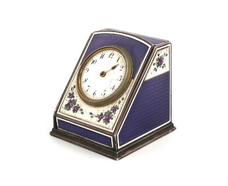 A French silver and enamel travelling clock, retailed by C. Hour, marked 'CH. HOUR-FRANCE, 13 JEWELS' to interior,tapering re
