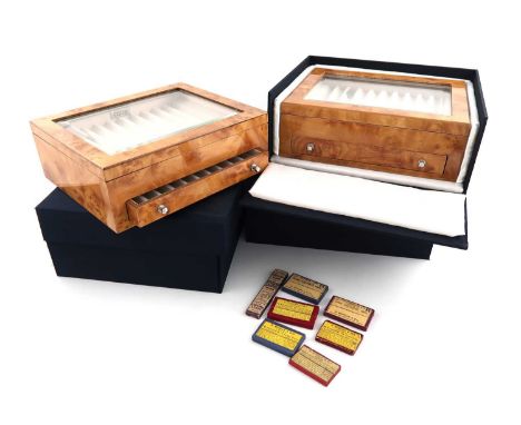 A collection of six S. Mordan and Co. spare lead boxes,with leads, plus another empty copying lead box, and three glazed wood