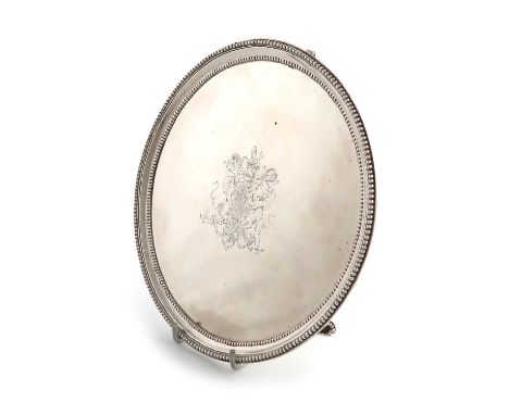 A George III Britannia standard silver salver,by John Crouch I &amp; Thomas Hannam, London 1782,circular form, beaded borders