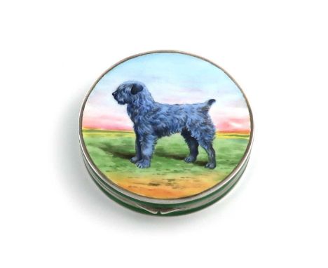 A silver and enamel dog compact,with import marks for London 1927, importer's mark of P. H. Vogel & Co,circular form, the hin