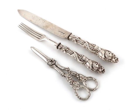 A pair of Victorian silver grape scissors and a fruit serving knife and fork, by John Gilbert, Birmingham 1863/64,the blade w
