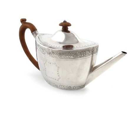 A George III silver teapot,by William Frisbee & Paul Storr, London 1790,oval form, wooden scroll handle, bright-cut decoratio