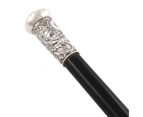 A Chinese silver-handled walking cane,unmarked,tapering circular form, embossed with a dragon, tapering ebonised shaft, lengt