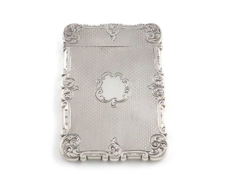A Victorian silver card case,by Edward Smith, Birmingham 1851,rectangular form, engine-turned decoration, engraved foliate bo