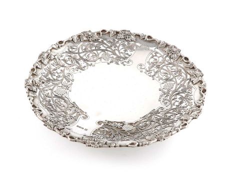 An modern silver dish,by Edward &amp; Sons, Sheffield 1963,circular form, pierced with trailing grapevines, the border with f