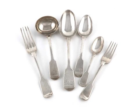 A collection of William IV and later silver Fiddle pattern flatware,various dates and makers,comprising: a set of twelve Will