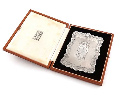 A Victorian silver card case,by Hilliard and Thomason, Birmingham 1854,rectangular form, engine-turned decoration, engraved f