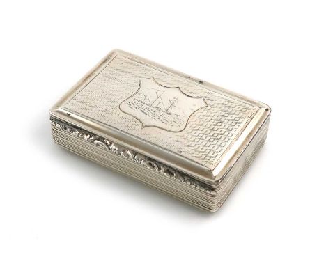 A William IV presentation Naval silver snuff box,by Nathaniel Mills, Birmingham 1835,rectangular form, reeded sides and base,