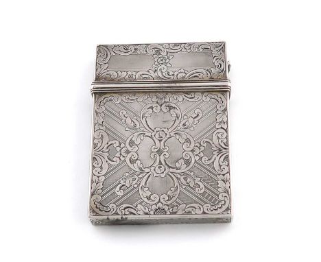 A Victorian electroplated card case,unmarked,rectangular form, engine-turned decoration, engraved foliate borders, length 9cm