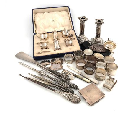 A mixed lot of silver items,various dates and makers,comprising: a cased six-piece condiment set, by Mappin and Webb, Birming