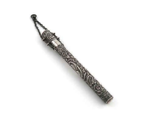 An Edwardian silver thermometer case,by S. Mordan and Co., London 1905,cylindrical form, embossed foliate scroll decoration o