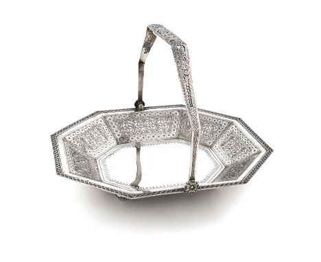 A Victorian silver swing-handled basket,by Walter &amp; John Barnard, London 1891,octagonal form, pierced bright-cut decorati