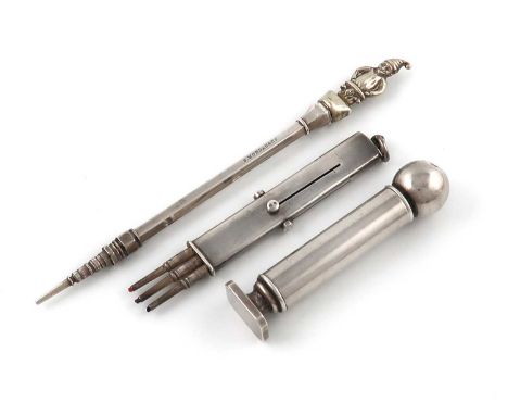 A small collection of three pencils by S. Mordan and Co., comprising: a three-colour silver slide-action pencil, rounded rect