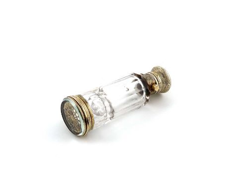 A Victorian silver-gilt and glass scent bottle / vinaigrette, unmarked,faceted cylindrical form, engine-turned hinged cover, 