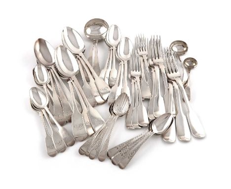 A Victorian matched silver Fiddle pattern canteen for six,by George Adams, London 1847/8, William Chawner, London 1829, and M