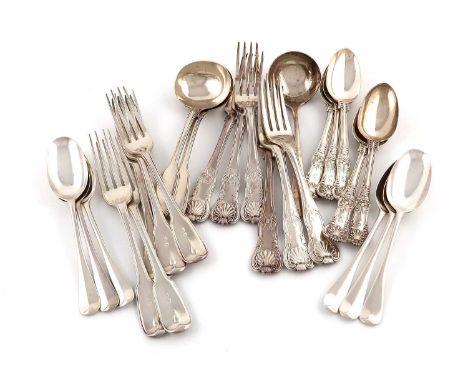 A mixed lot of silver flatware,comprising: a set of six George IV King's Hourglass pattern table forks, London 1826, a set of