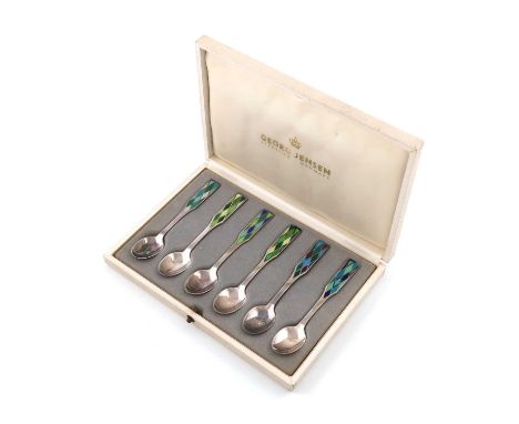By Georg Jensen, a set of six Danish silver and enamel teaspoons,tapering form, with geometric enamel pattern to terminals, i