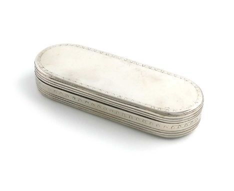 A George III silver snuff box,by Parker and Simpson, London 1819,oblong form, reeded sides, the hinged cover with an engraved