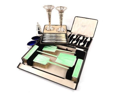 A mixed lot of silver items,various dates and makers,comprising: a five-piece silver and green enamel dressing table set, by 