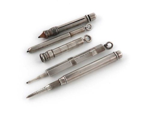 A collection of five silver pencils by S. Mordan and Co.,comprising: an Edwardian slide-action pencil, Chester 1905, lozenge 