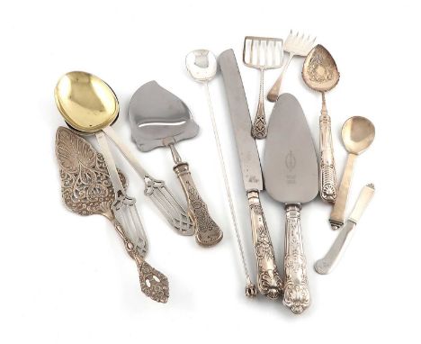 A mixed lot of silver flatware,comprising: a Georg Jensen Pyramid pattern jam spoon and butter knife, a pair of serving spoon