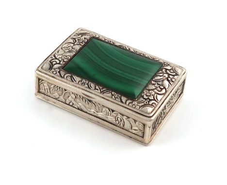 A 19th century Chinese silver and malachite snuff box, maker's mark T, possibly for Tu Hopp of Canton, circa 1850,rectangular