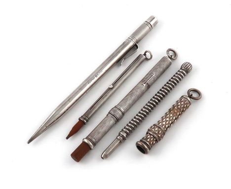 A small collection of five silver pencils by S. Mordan and Co.,comprising: an Edwardian slide-action engine-turned pencil, Lo