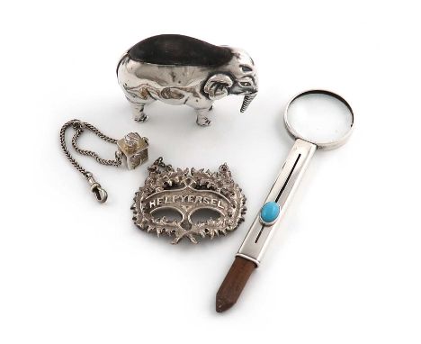 A mixed lot of silver items,various dates and makers,comprising: an Edwardian pin cushion modelled as a standing elephant, Bi