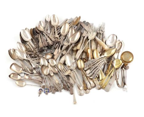 A quantity of silver flatware,various dates and makers,comprising: five Queen's pattern dessert spoons, a table fork, thirtee