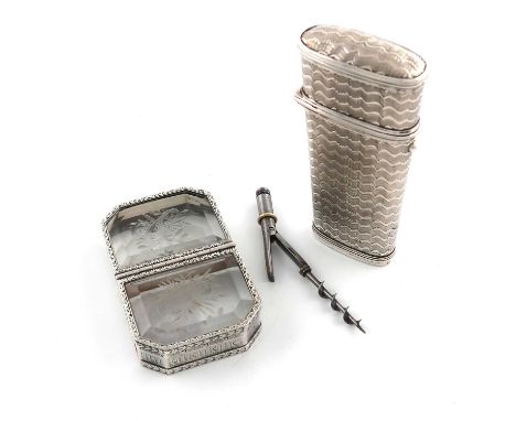 A late 18th / early 19th century silver etui case,unmarked,tapering rounded rectangular from, engine-turned decoration, the i