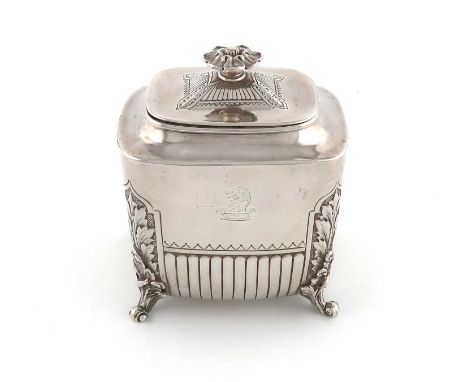 A late-Victorian silver tea caddy,by Mappin & Webb, London 1886,rounded rectangular form, part-fluted with vertical chased co