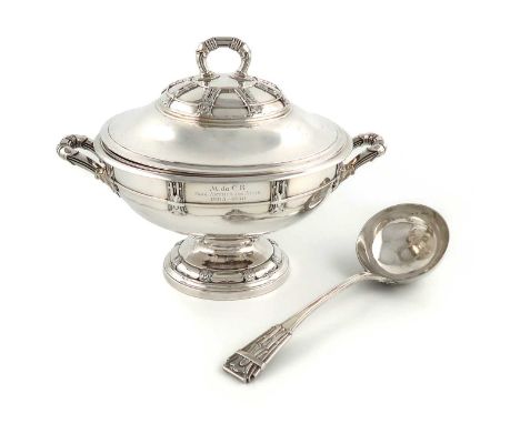 A two-handled small silver soup tureen and cover with a soup ladle,by The Goldsmiths and Silversmiths Company, London 1929,ci