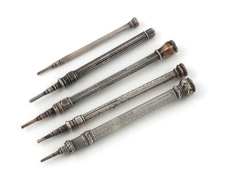 A collection of five Victorian silver pencils by S. Mordan and Co.,comprising: one London 1844, slide-action mechanism, with 