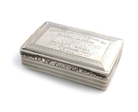 A William IV silver presentation snuff box,by Nathaniel Mills, Birmingham 1832,rectangular form, engine-turned sides and base