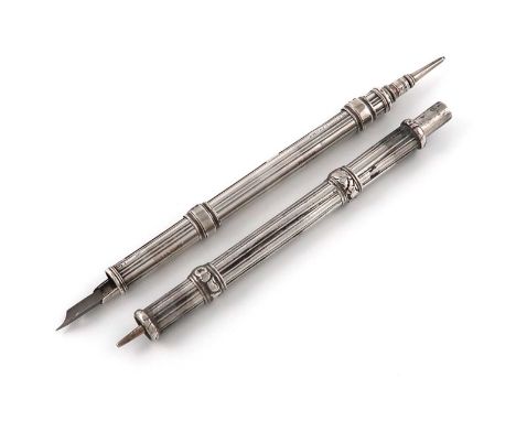 A George IV silver combination pen and pencil,by Mordan and Riddle, London 1828, also marked 'Mordan and Co. Patent',reeded c