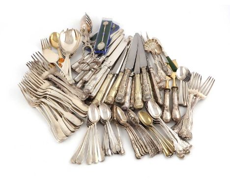 A collection of silver flatware,various dates and makers,comprising: a set of twelve William IV Irish Fiddle pattern dessert 