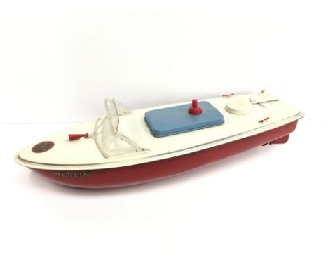 Sutcliffe Models (England) 'Merlin' Electric Speedboat: tinplate model with red hull, white deck, blue engine cover, windscre