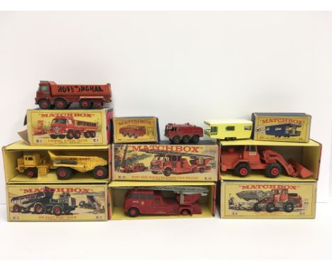 Four Lesney Matchbox King Size models: K-1 8 Wheel Tipper Truck; K-2 KW Dart Dump Truck; K-3 Hatra Tractor Shovel; K-15 Merry
