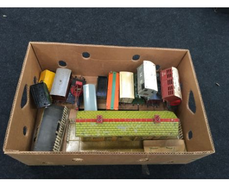 HORNBY 0 Gauge - a No4 'Wembley Station with Ramps (Good), 4 x 0 Gauge Figures (Good), 6 x No 1 Wagons - NE Refrigerator Van,