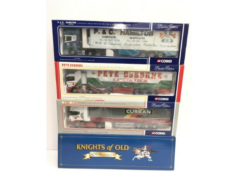 Four Corgi 1/50 scale trucks: CC12911 Scania Topline Curtainside Knights of Old 50th Anniversary; CC12907 Scania Topline Curt