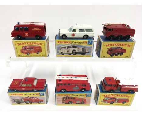 Six Lesney Matchbox 1-75 series emergency vehicle models: 29 Fire Pumper Truck; 57 Land Rover Fire Truck; 63 Fire Crash Tende