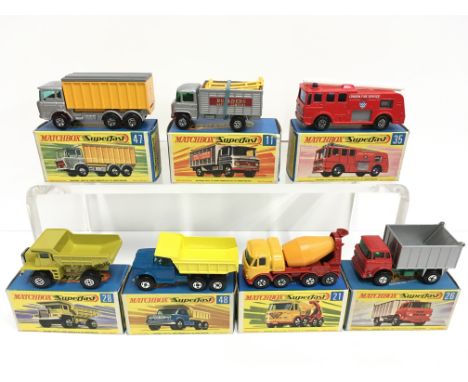 Seven Lesney Matchbox 1-75 Superfast series commercial models: 21 Foden Concrete Truck (VG with light chipping); 28 Mack Dump