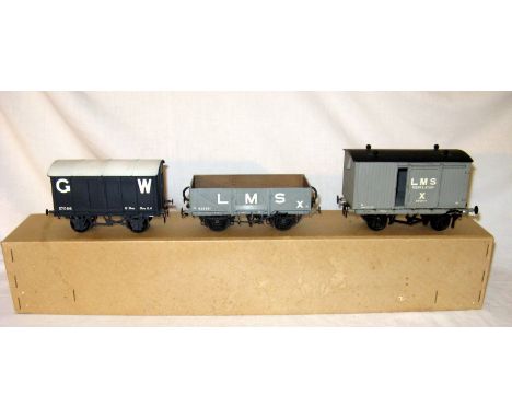 3 x ABS Kit Built 0 Gauge Goods Wagons  - LMS Grey Ventilated Van X 500777 and plank Wagon #400231 and GWR dark Grey Ventilat