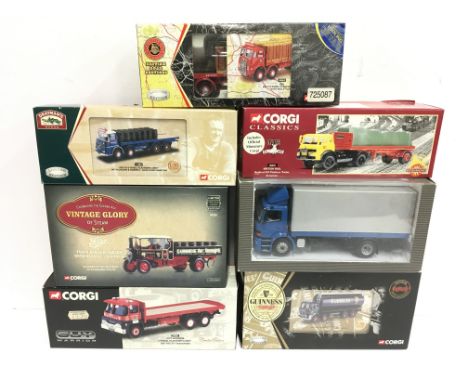 Six Corgi Classics commercial models, includes #11802 ERF KV 8 Wheel Platform Lorry with Chains & Barrels 'Bass Worthington'.