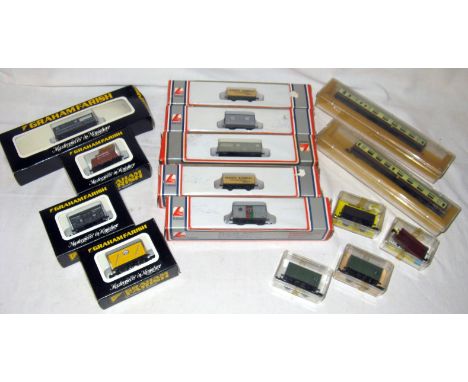 A tray containing N Gauge Models GRAHAM FARISH UK/PECO and LIMA - 3 x Coaches and 12 x Goods Wagons - Graham Farish BR Green 