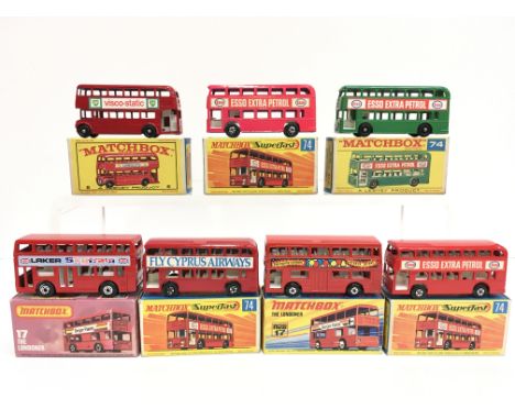 Seven Lesney Matchbox bus models: 3 x 74 Superfast Daimler Bus, three variations (fluorescent pink 'ESSO'; red 'ESSO'; dark r