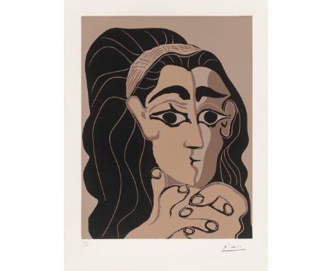 Picasso, Pablo -- Portrait de Jacqueline au bandeau, accoudéeFarbiger Linolschnitt auf Arches-Velin. 1962.35 x 27 cm (63 x 44
