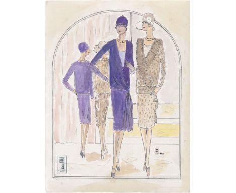 Benito, Edouard García -- Zwei elegante Damen Feder in Schwarz und Bleistift, aquarelliert, mit farbigen Kreiden überarbeitet