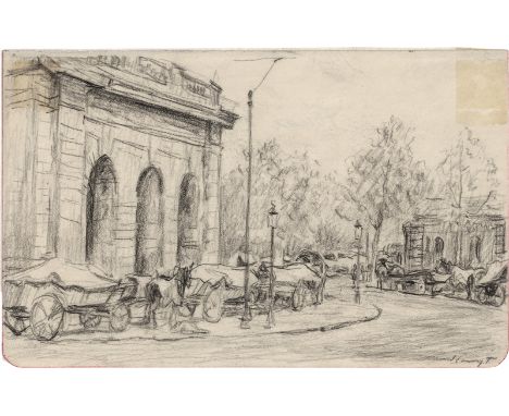 Slevogt, Max -- "Douai"3 Zeichnungen. Bleistift auf Notizbuchpapier. 1914.Je 12 x 19,4 cm. Alle unten links bzw. rechts mit B